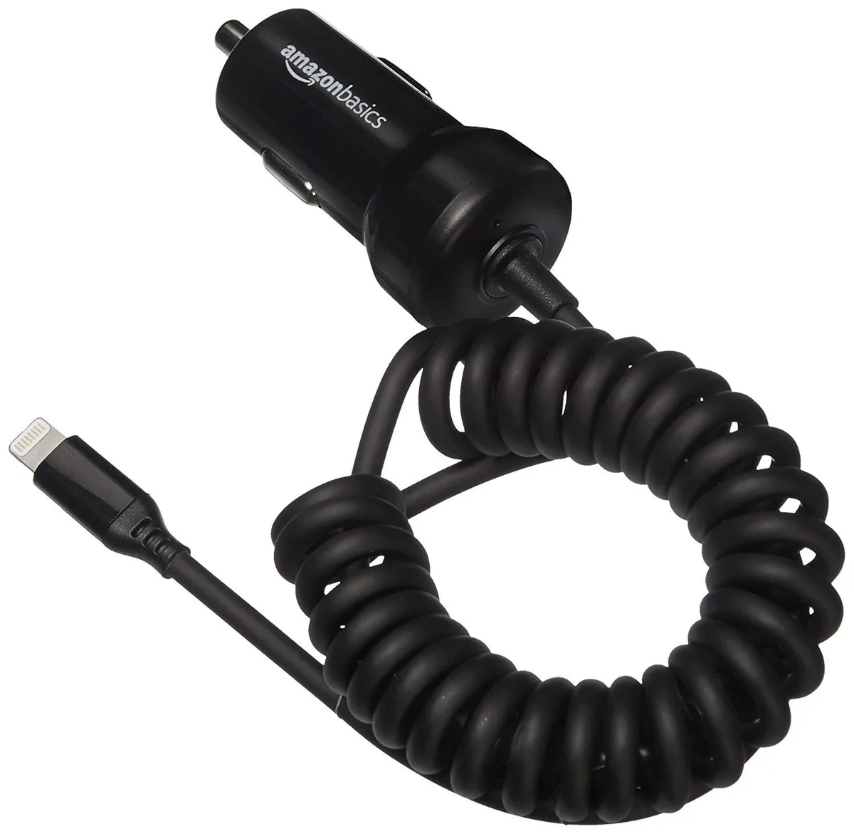  AmazonBasics 12W Car Charger with Coiled Lightning Cable 1.5 ft Black — product photo