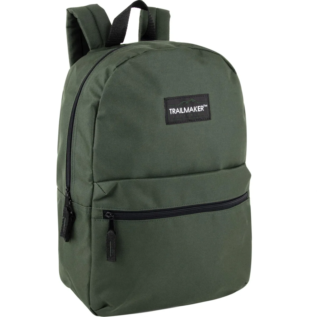 Green 17 inch polyester backpack with padded straps and double zippers