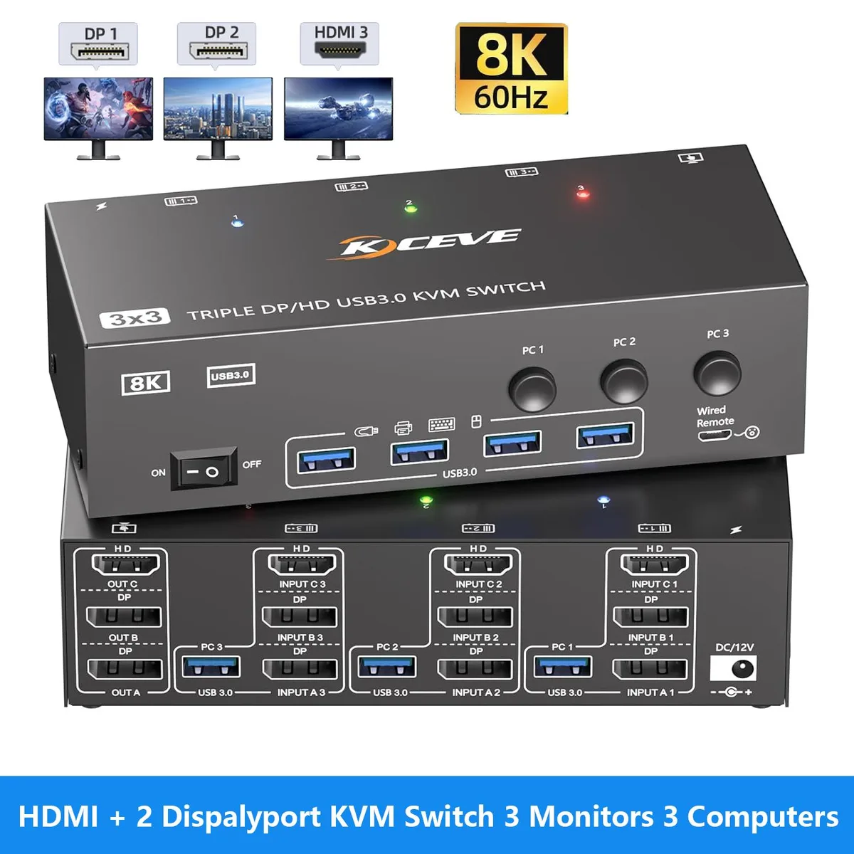 AUTYUE AUTYUE KC-KVM303DH HDMI + 2 DisplayPort KVM Switch 3 Monitors 3 Computers 8K@60Hz 4K@144Hz Wired Remote — product photo