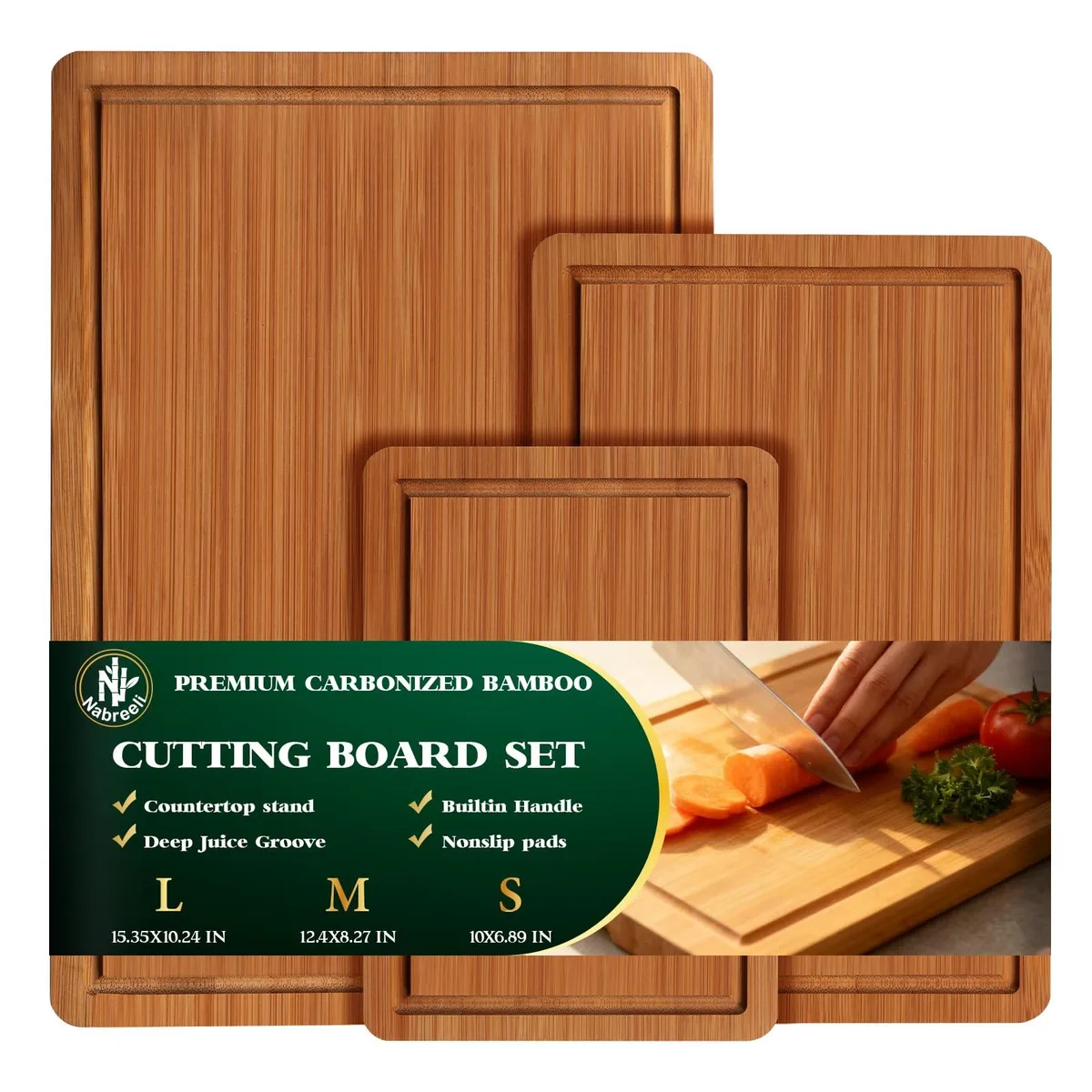  nabreeli Bamboo Cutting Board Set of 3 with Holder 14 in x 9 in x .5 in — product photo