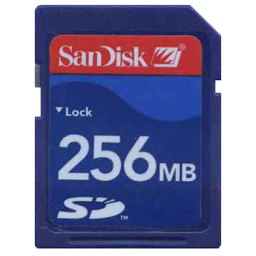 Tiny blue microSD card with red label visible
