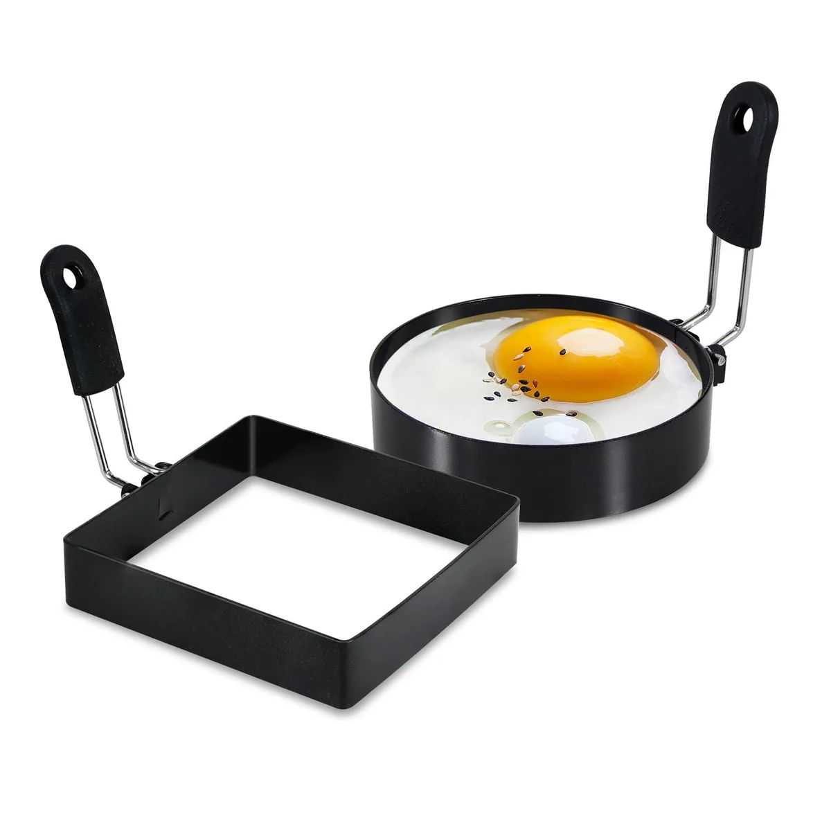 Two stainless steel egg rings, one round and one square, each with a silicone handle