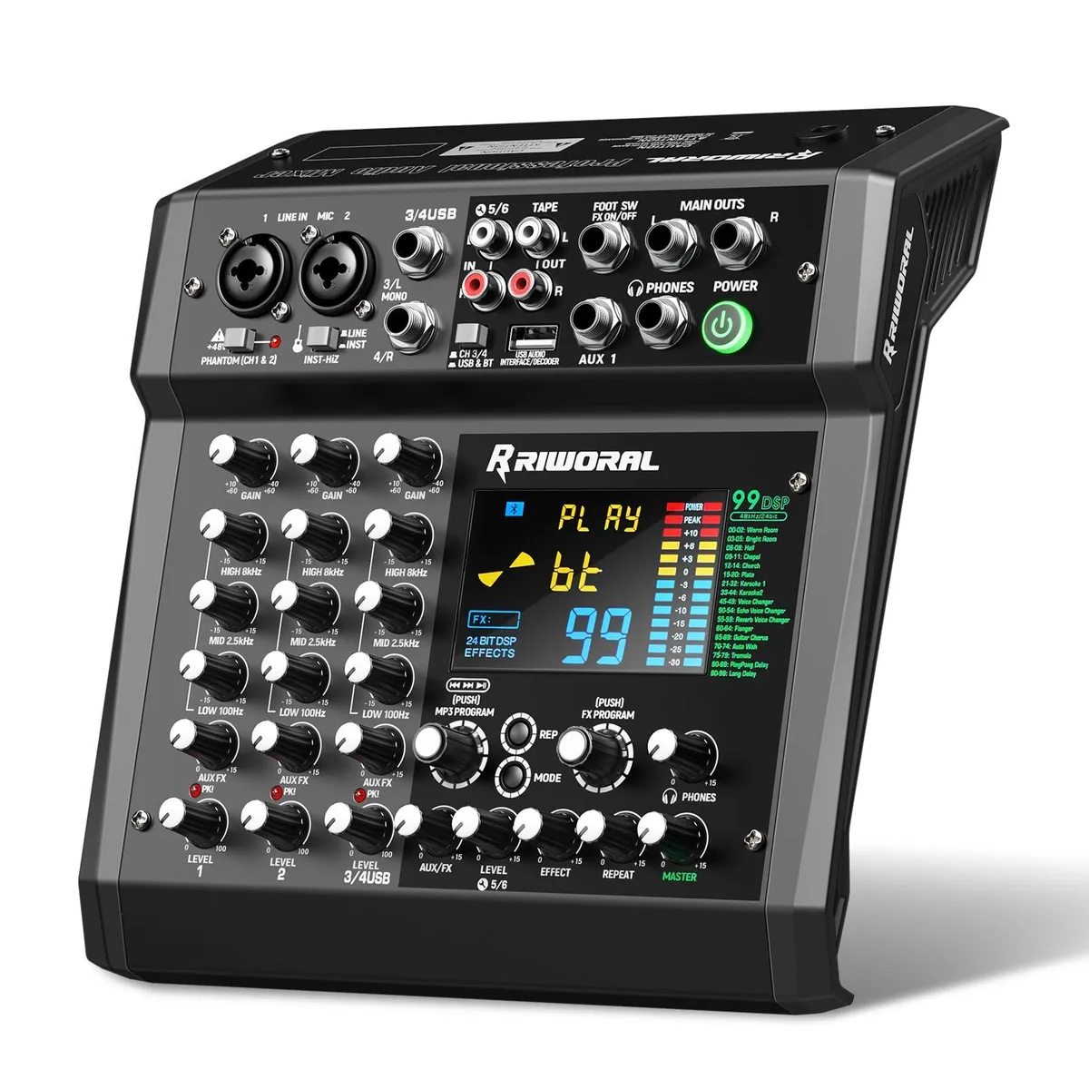 Compact six-channel mixer with silver knobs and LCD display