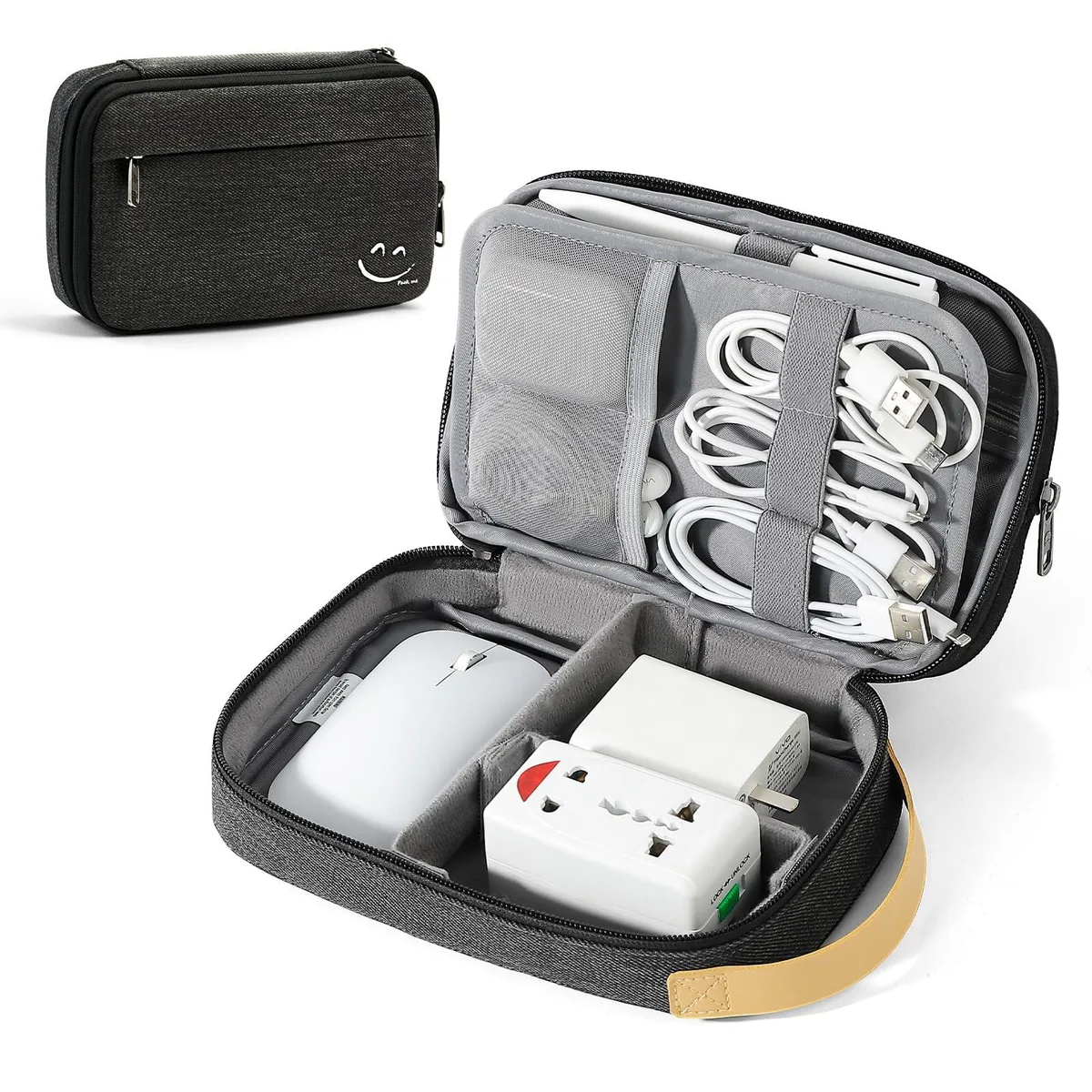 Small grey nylon cable organizer bag with zipper and expandable front layer