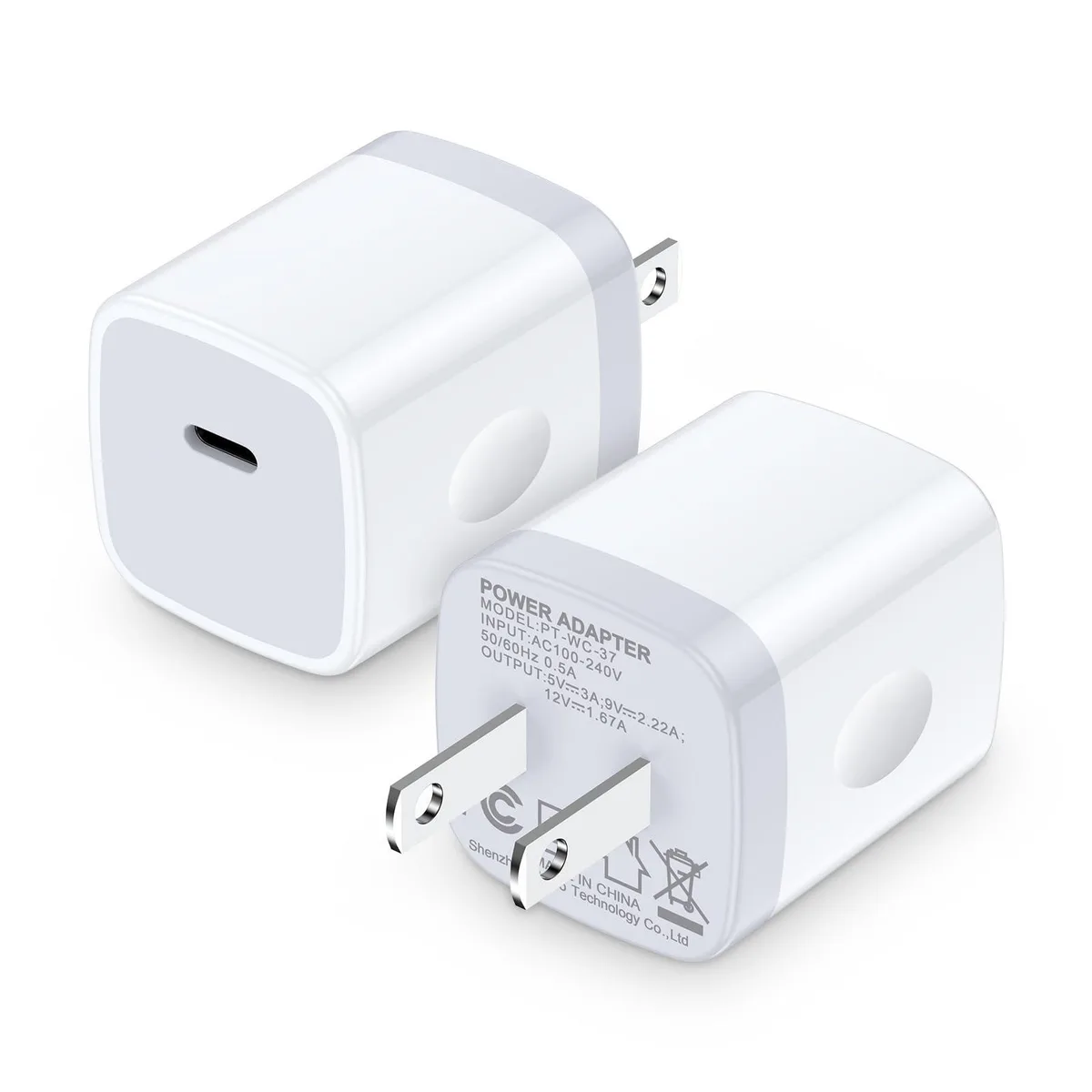 Two compact white USB-C wall chargers with foldable plugs