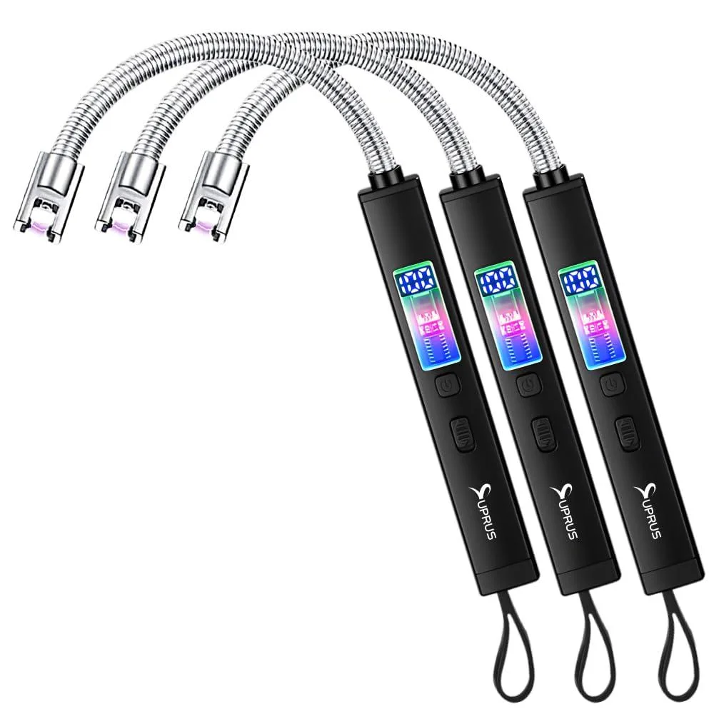 Three black arc lighters with flexible necks and LED battery displays
