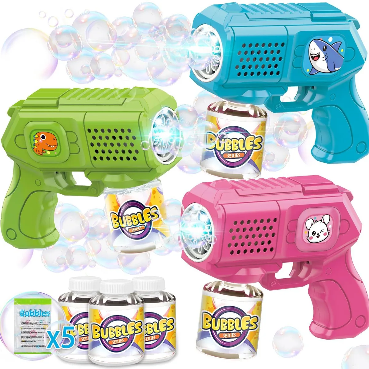 Three new plastic bubble guns with solution bottles and light-up features