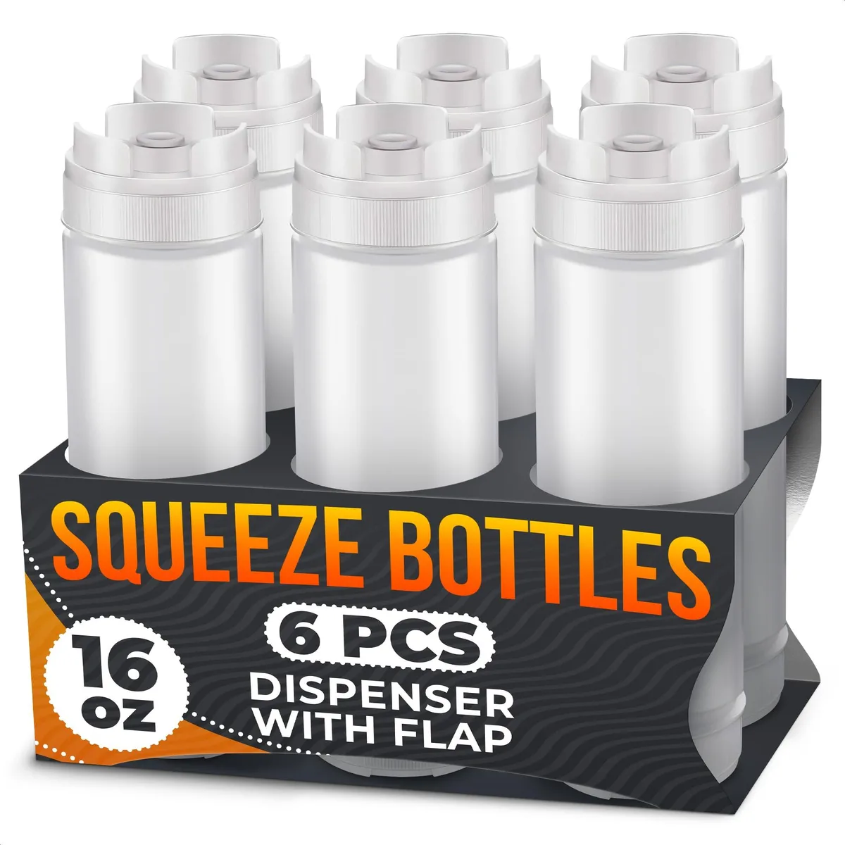 Six clear 16 oz inverted squeeze bottles with caps standing upright