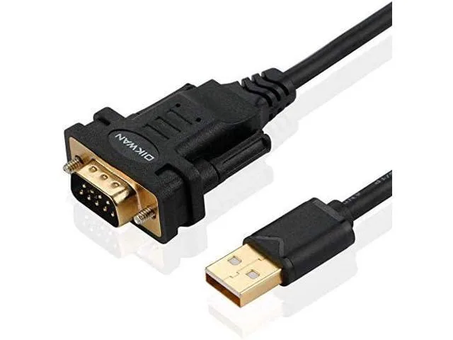 Grey USB-A plug on black cable leading to wide DB9 male connector with thumb screws