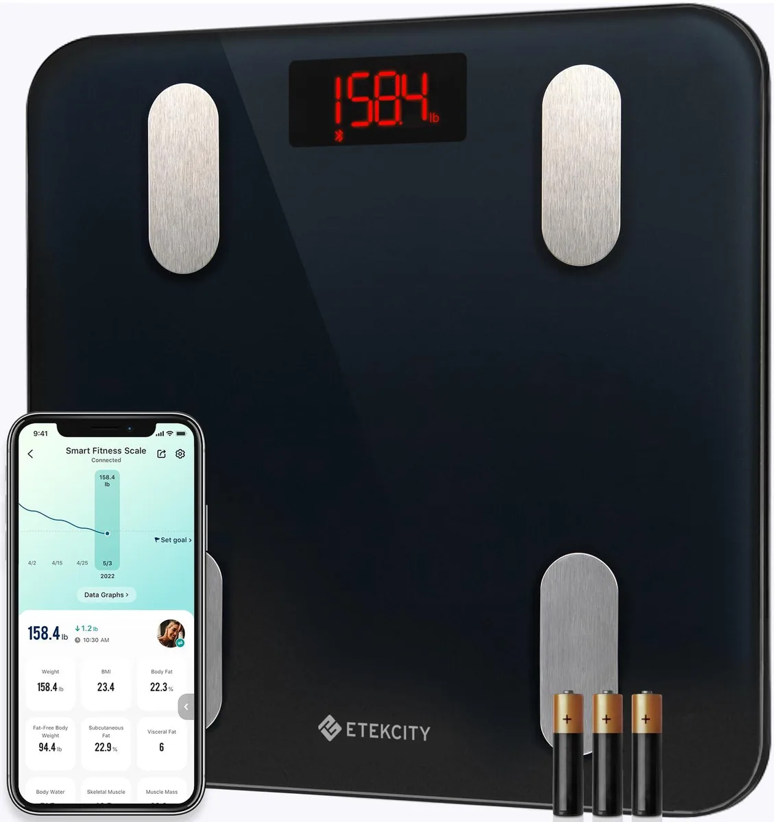 Black square smart bathroom scale with rounded corners, low profile, 11.8 inches wide