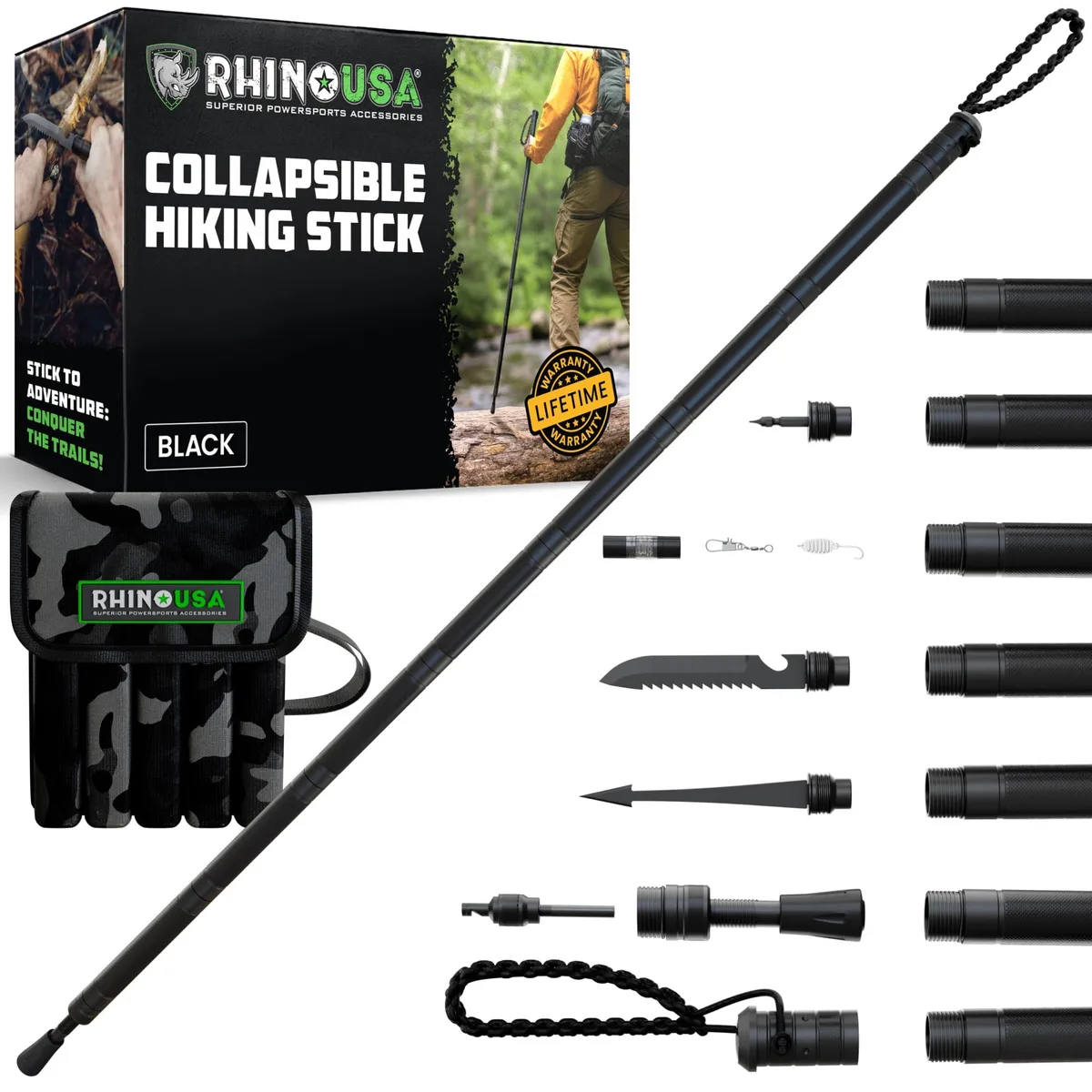  Rhino USA Modular Tactical Walking Stick Rescue with Survival Kit, Compass, Fire Starter, Black — product photo