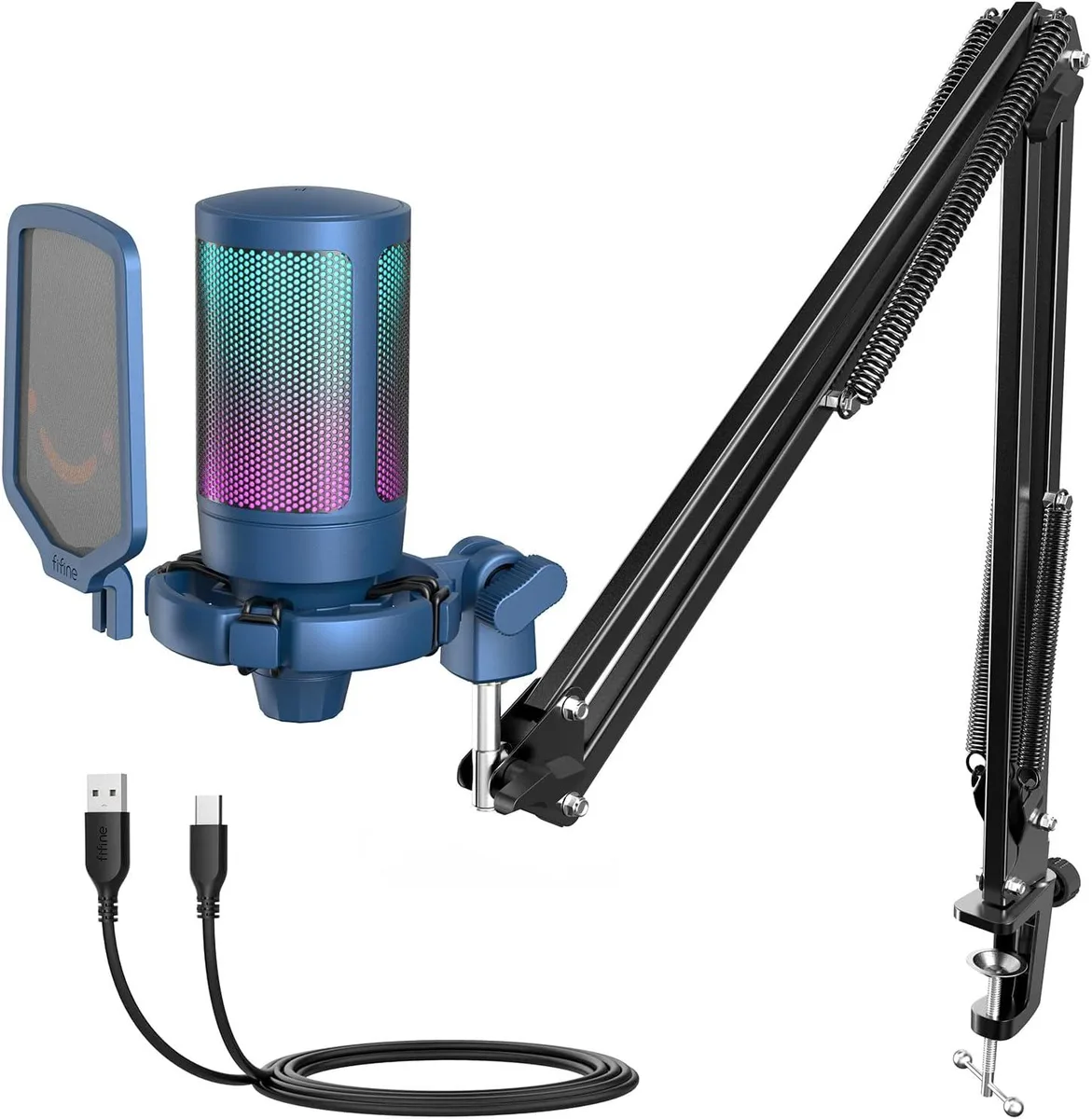 White USB condenser microphone on boom arm with shock mount and pop filter, gradient RGB lighting, volume knob and mute indicator