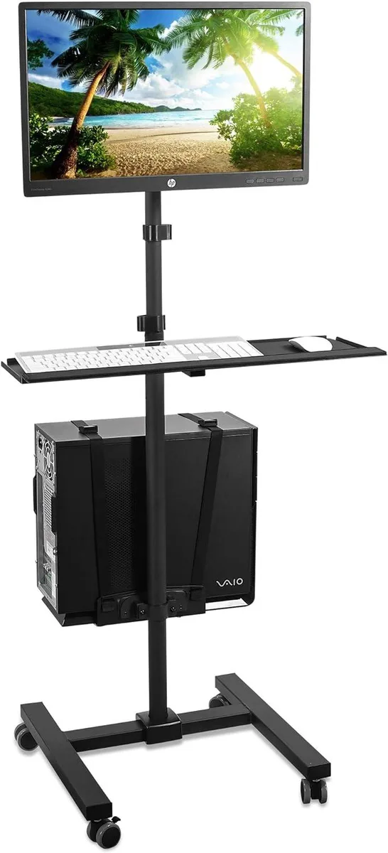 Tall silver steel rolling cart with monitor arm keyboard tray and CPU holder