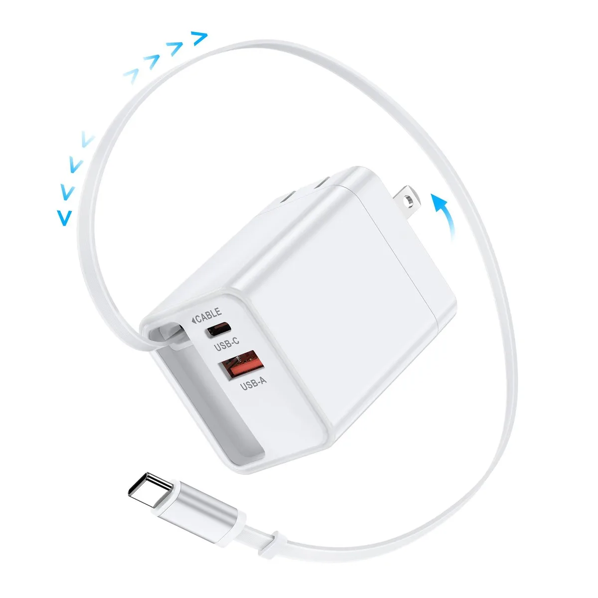 Compact white wall charger with retractable USB-C cable and USB-A port