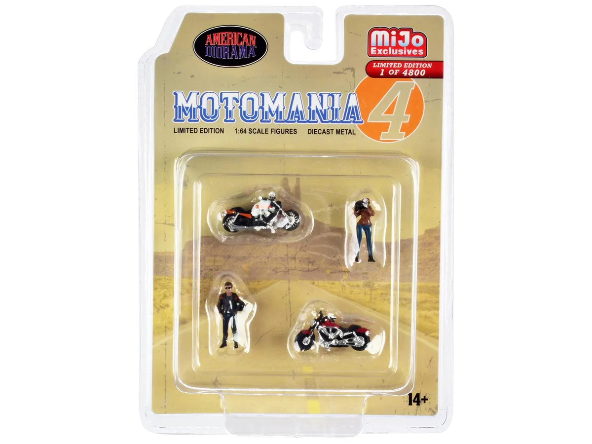 American Diorama American Diorama Motomania 4 Diecast Set 2 Figures 2 Motorcycles 1/64 Limited Edition 4800 — product photo