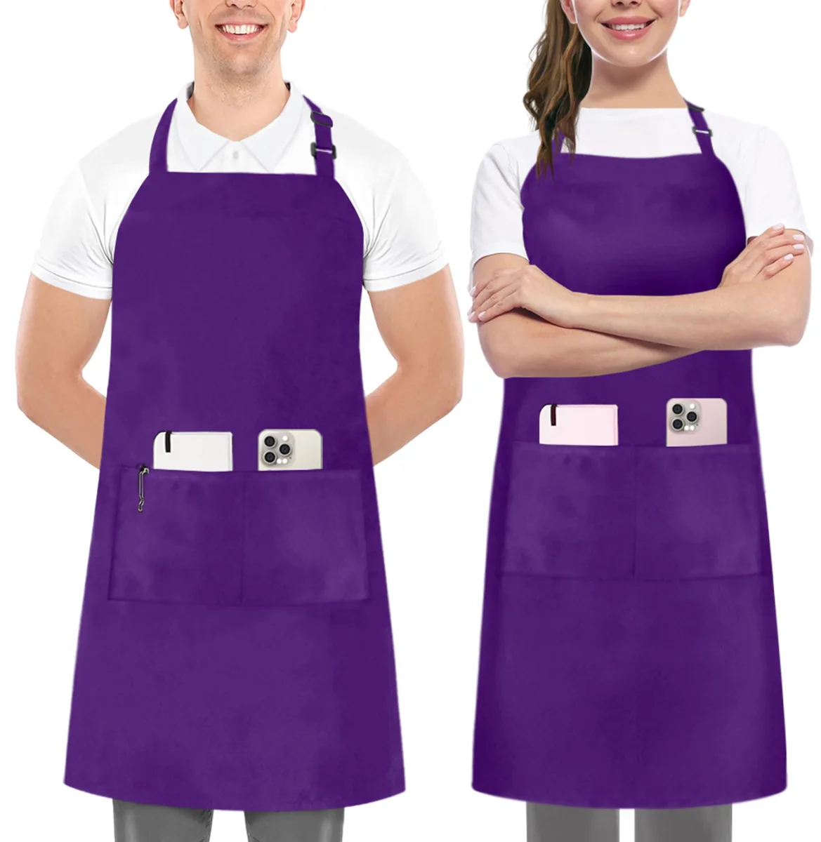 Two purple polyester bib aprons with adjustable straps and front pockets