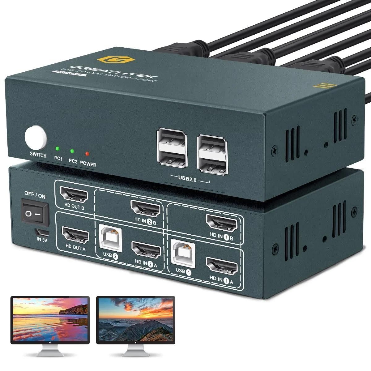 GCROWN GCROWN 2-Port HDMI KVM Switch Dual Monitor 4K@60Hz 4 USB 2.0 — product photo