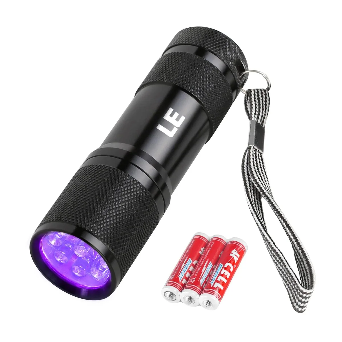 Black aluminium UV flashlight, 9 LED, pocket size, 62 grams