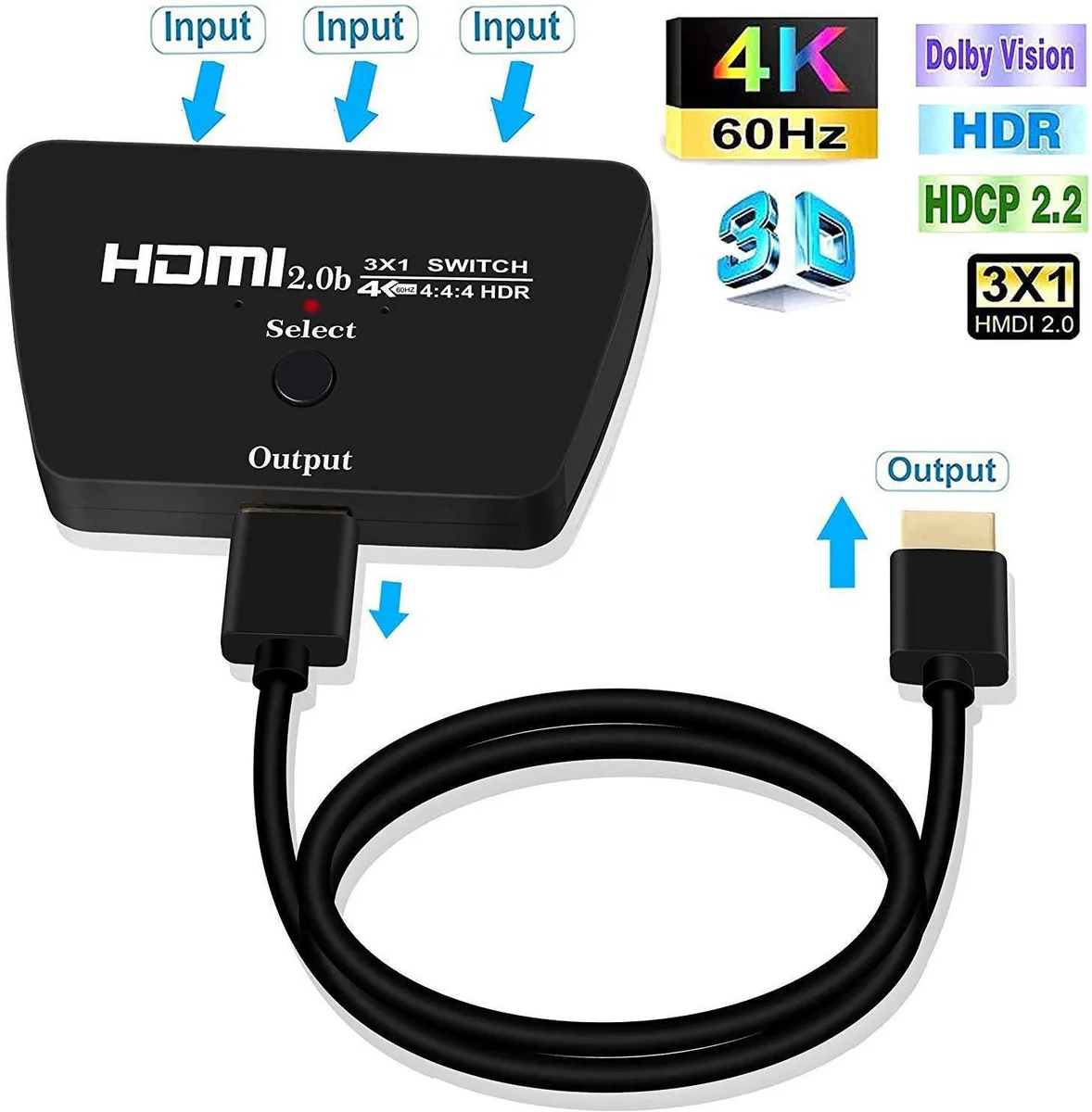 ESTONE ESTONE OZQ6 3×1 HDMI video switch 4K 60Hz 3.9FT cable — product photo