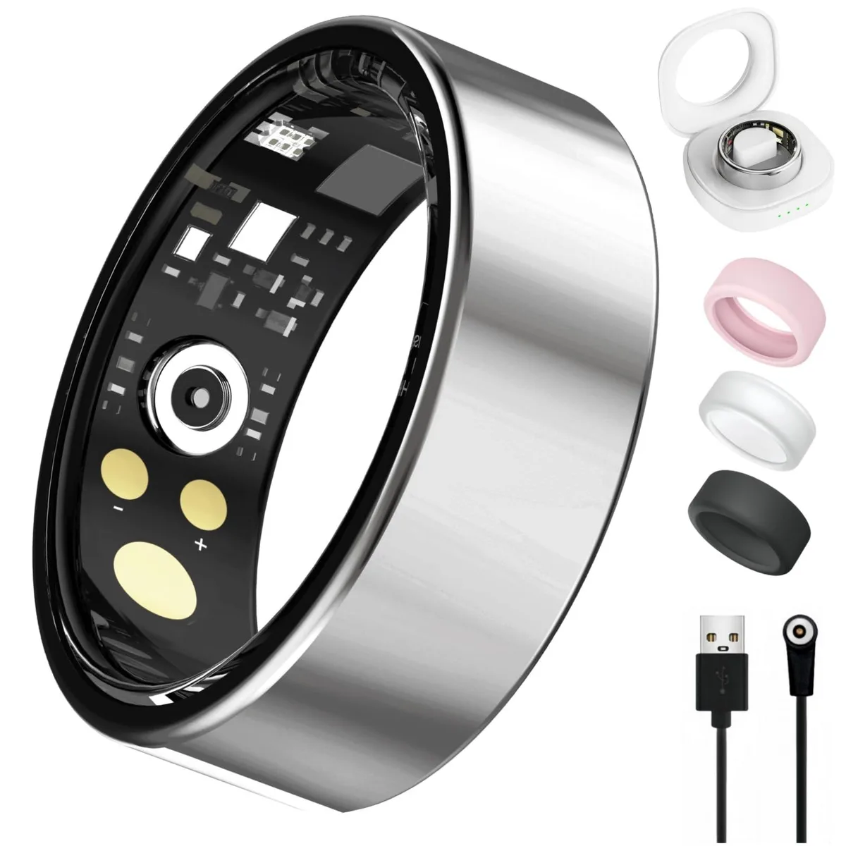 Silver smart ring on a finger, slim stainless steel band