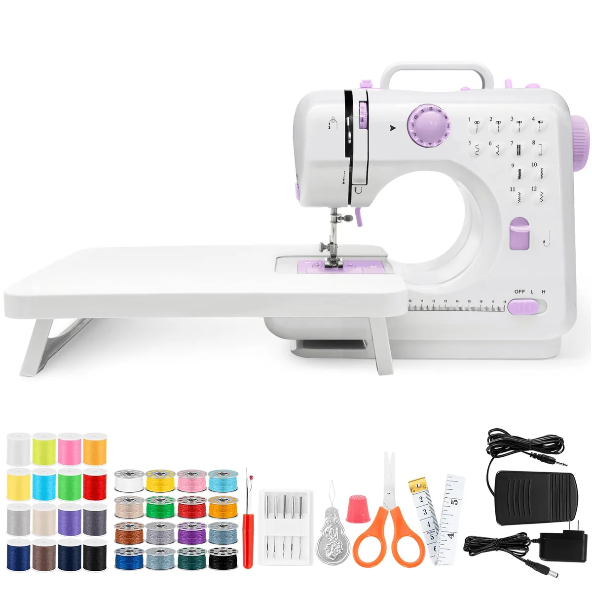 Compact white sewing machine with extension table and built-in light