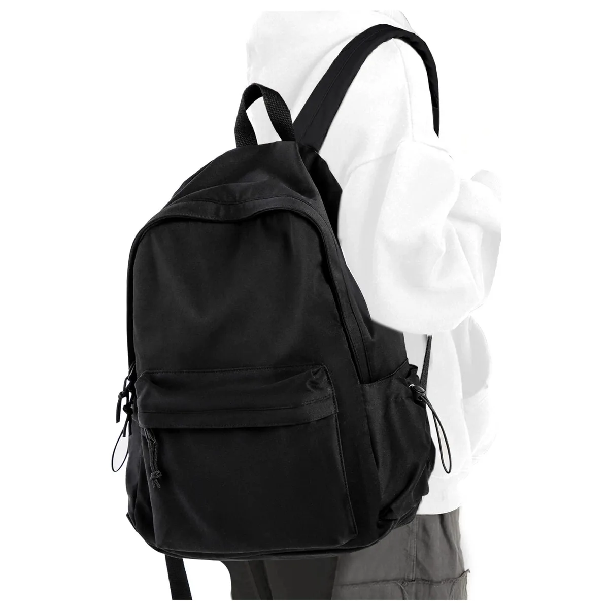 Black nylon backpack with anti-theft pocket and laptop sleeve