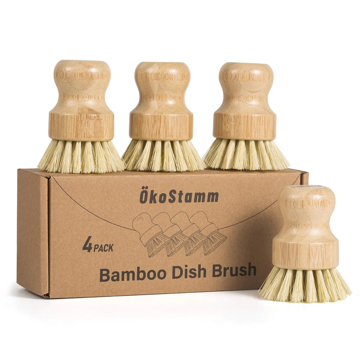Four bamboo dish brushes with sisal bristles, natural wood handles, light tan bristles