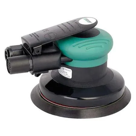 Compact silver air orbital sander with palm grip and rear exhaust