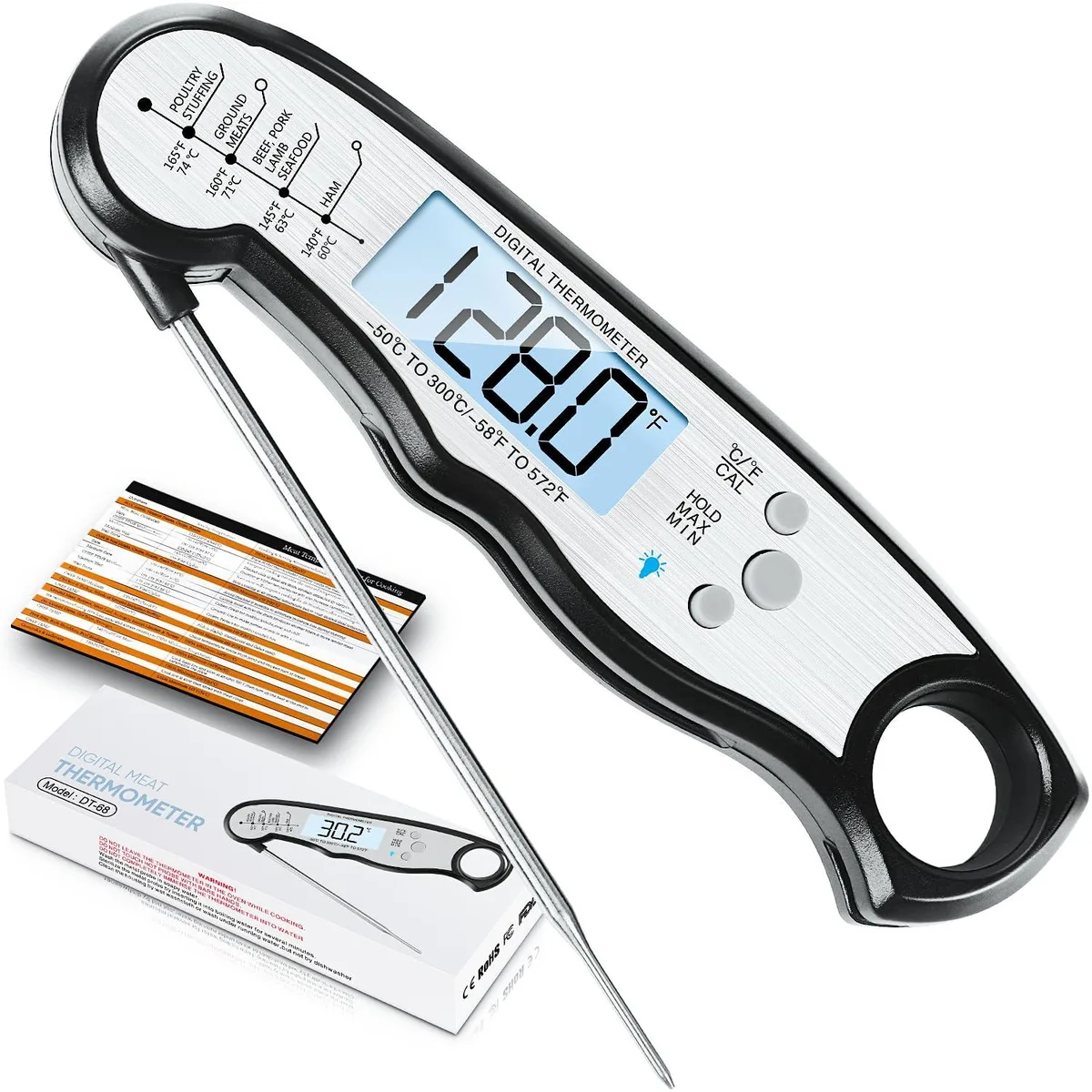 Folding digital thermometer in black and silver with thin probe and backlit screen