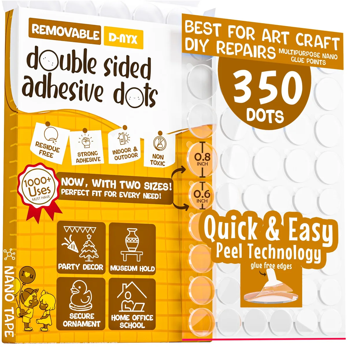 Clear double-sided adhesive dots on white backing sheets, 350 count, two sizes .8 inch and .3 inch