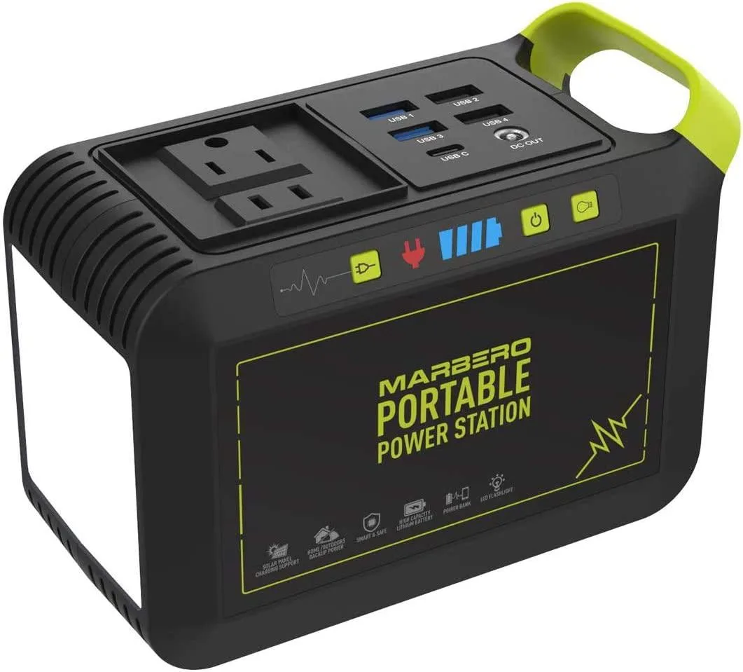 Compact rectangular power station with integrated carry handle, matte dark casing, visible AC, DC and USB ports