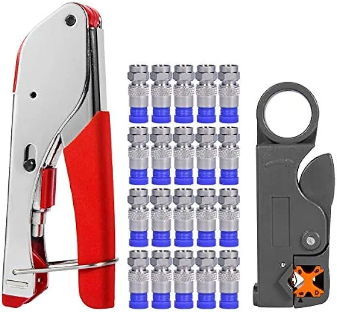 TAURKENAM coaxial compression tool kit with stripper, crimper and nickel-plated F connectors