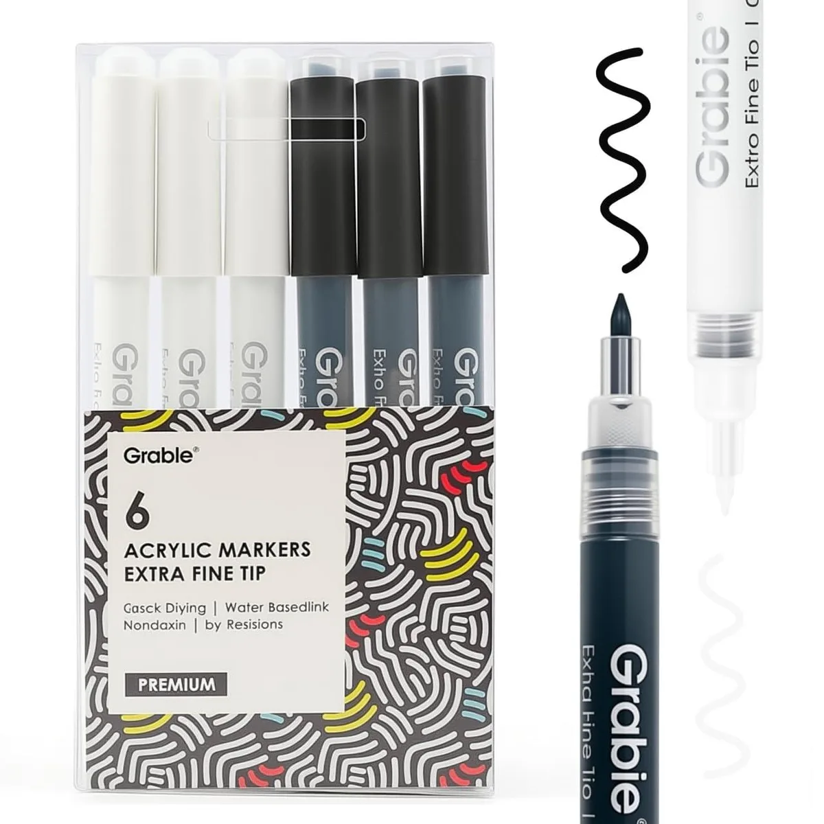 Grabie048 Black &amp; White Acrylic Paint Marker Set 6 Pack 0.7mm — product photo
