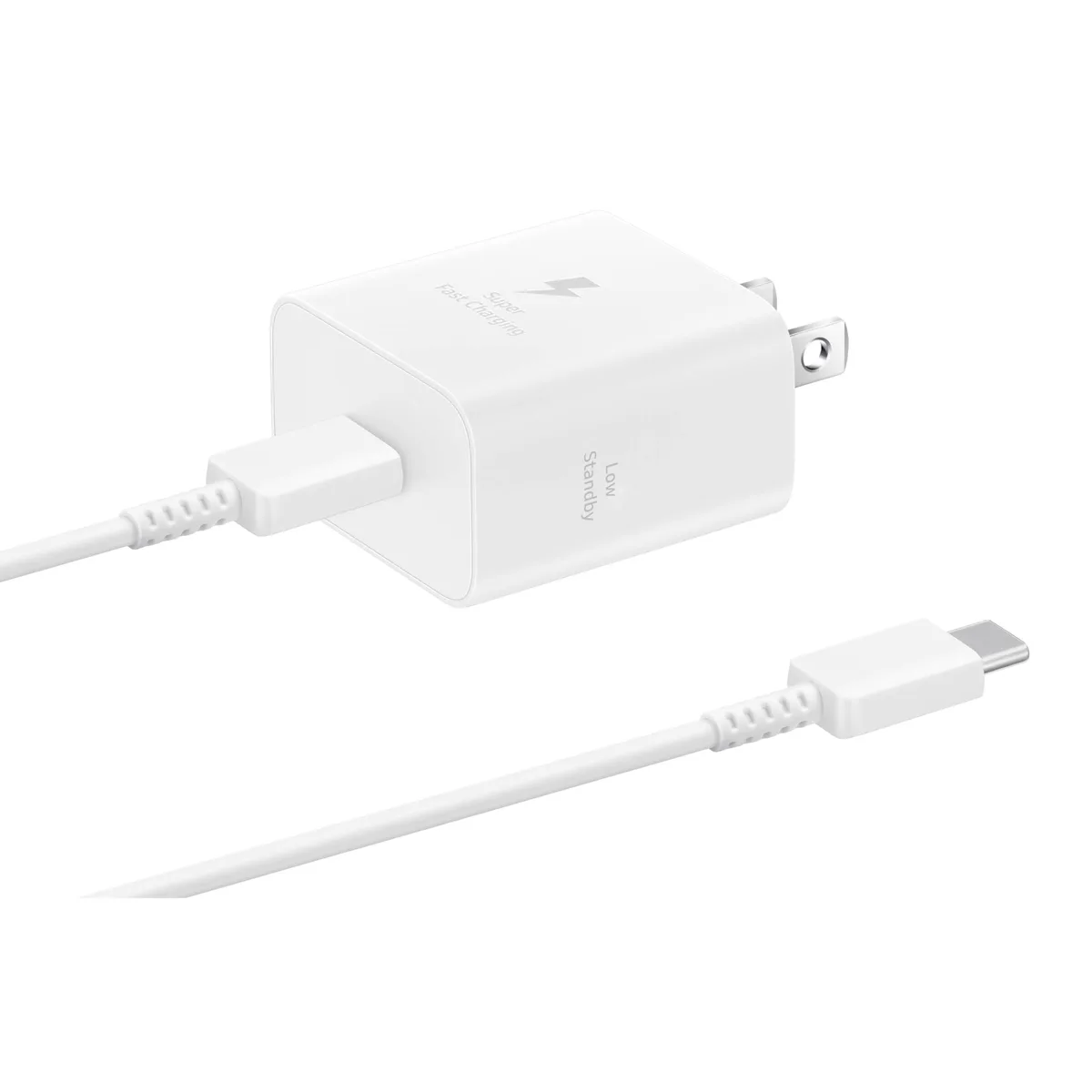 White Samsung 25W wall charger with USB-C cable, compact rectangular shape