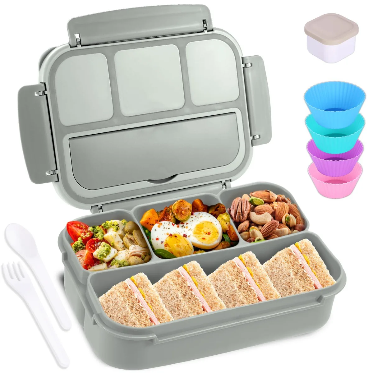  Bento Box 4-Compartment Lunch Box with Utensils Sauce Jar Muffin Liners 40 Oz Red — product photo