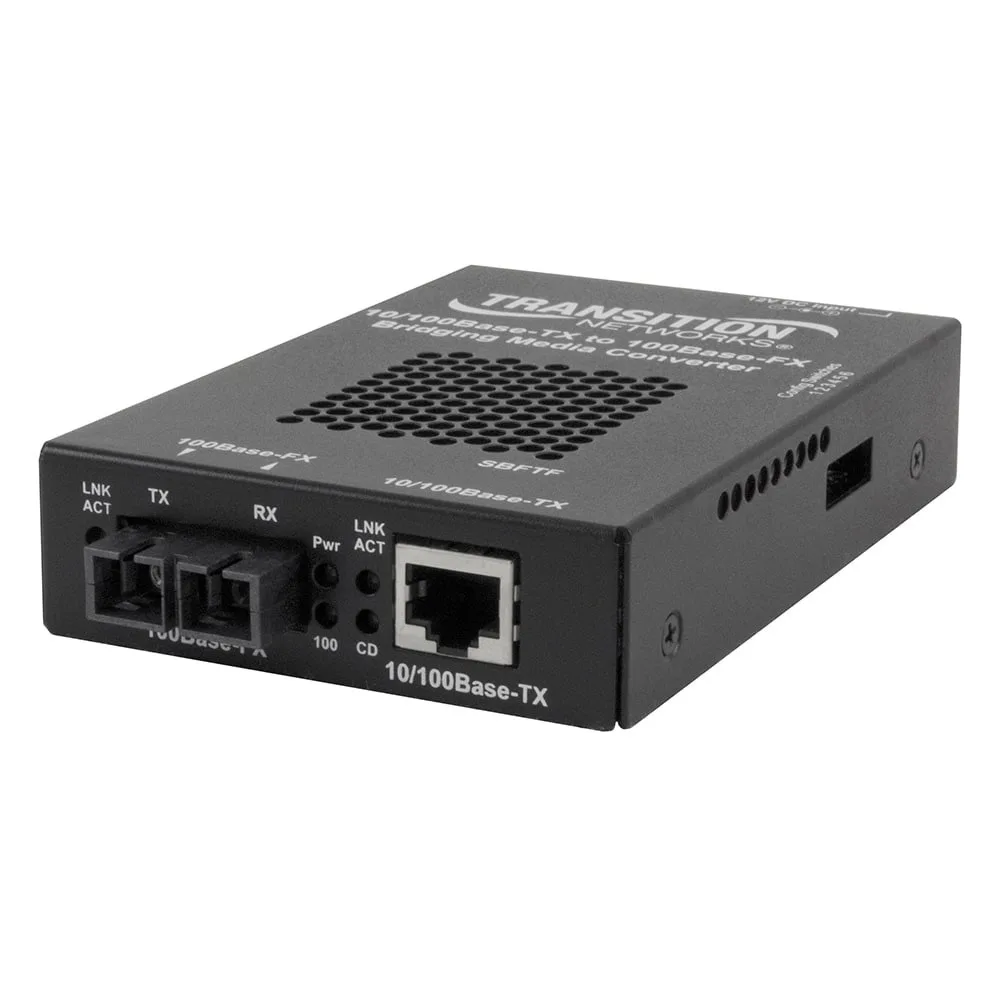 Small rectangular network transceiver with RJ45 and LC ports, matte metal finish