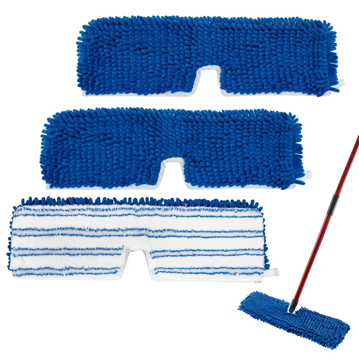 Three blue chenille flip mop pads with microfiber reverse side, rectangular flat form factor, soft textured finish