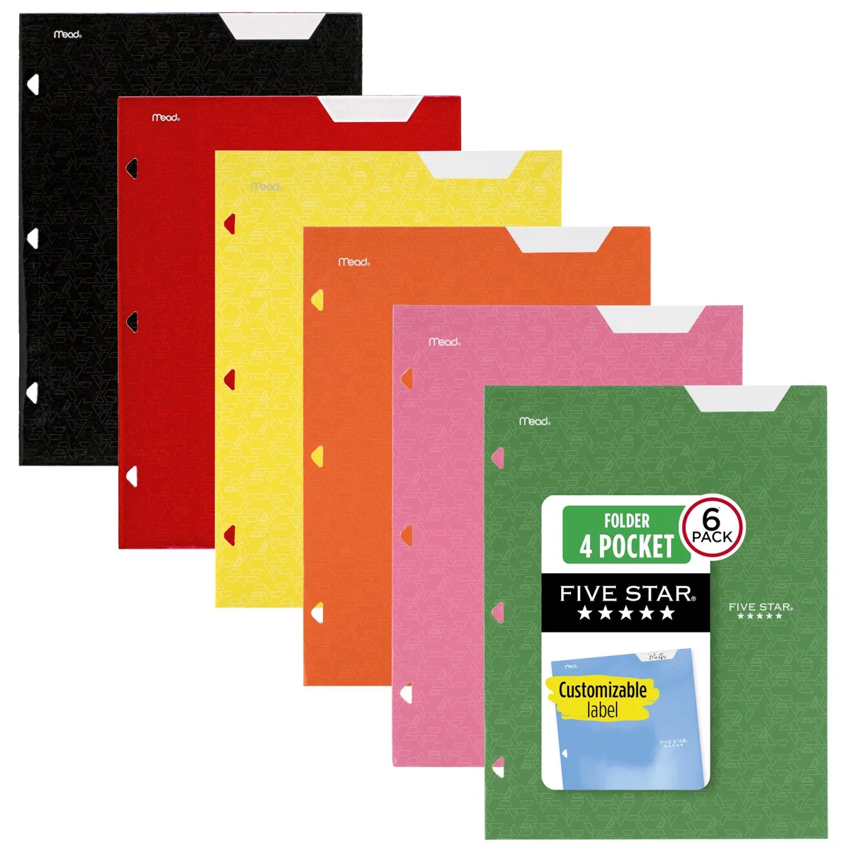 Six assorted-colour paper folders with four pockets each, 3-hole punched for binders