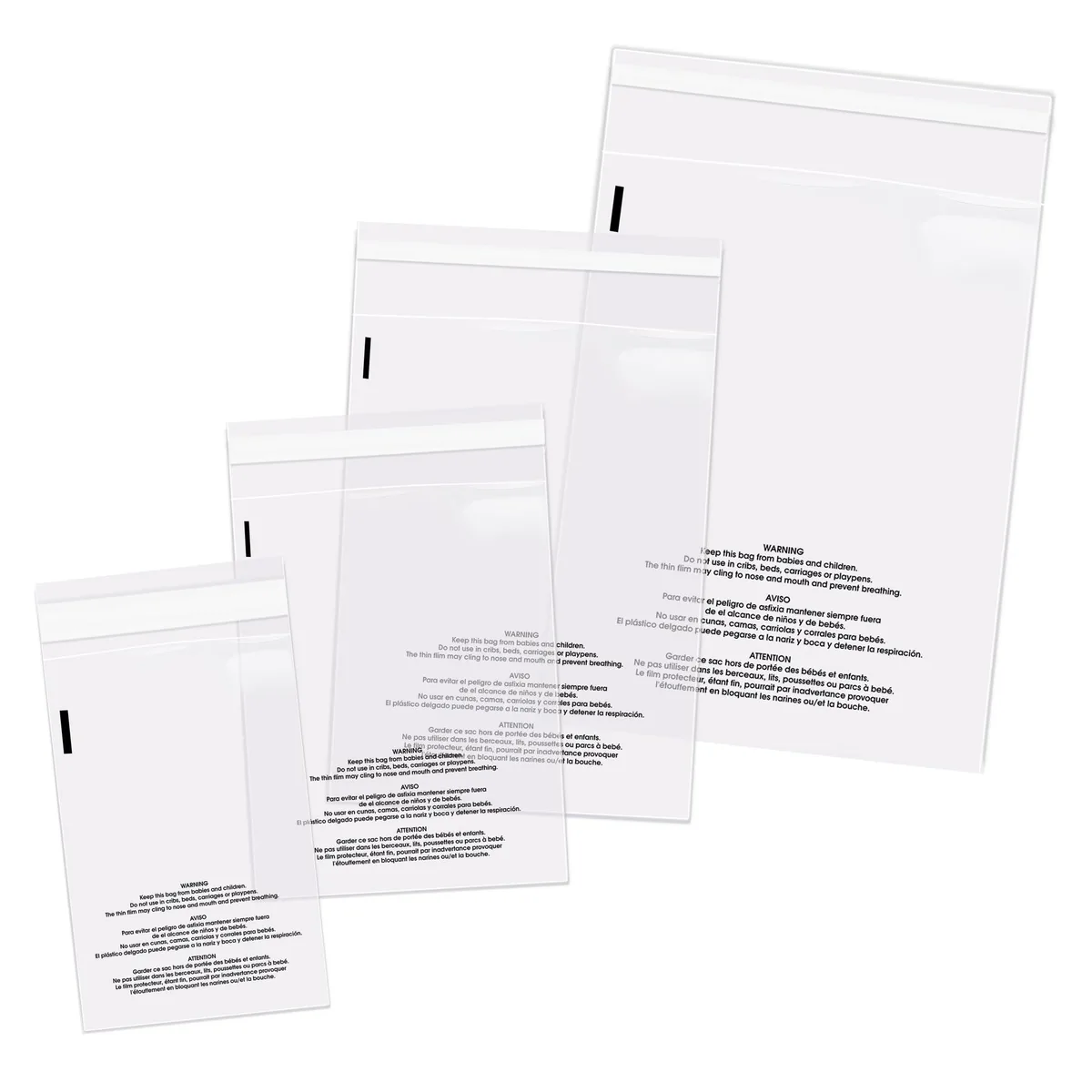 Clear rectangular poly bags in four sizes bundled together, self-seal adhesive strip visible