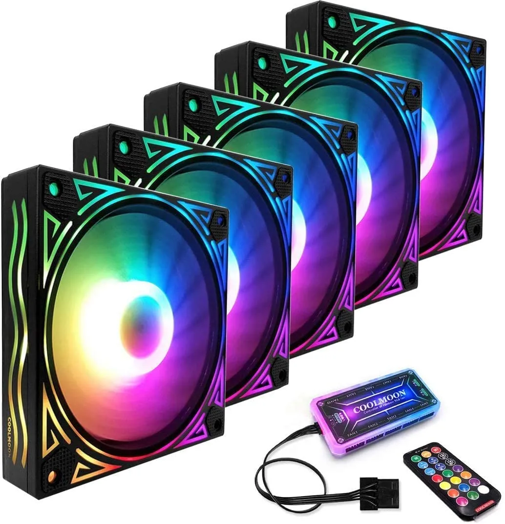 PENGQIAO PENGQIAO 5×120 mm RGB case fan kit hydraulic 1200 RPM 37.8 cfm 25 dBA 6-pin controller IR remote — product photo