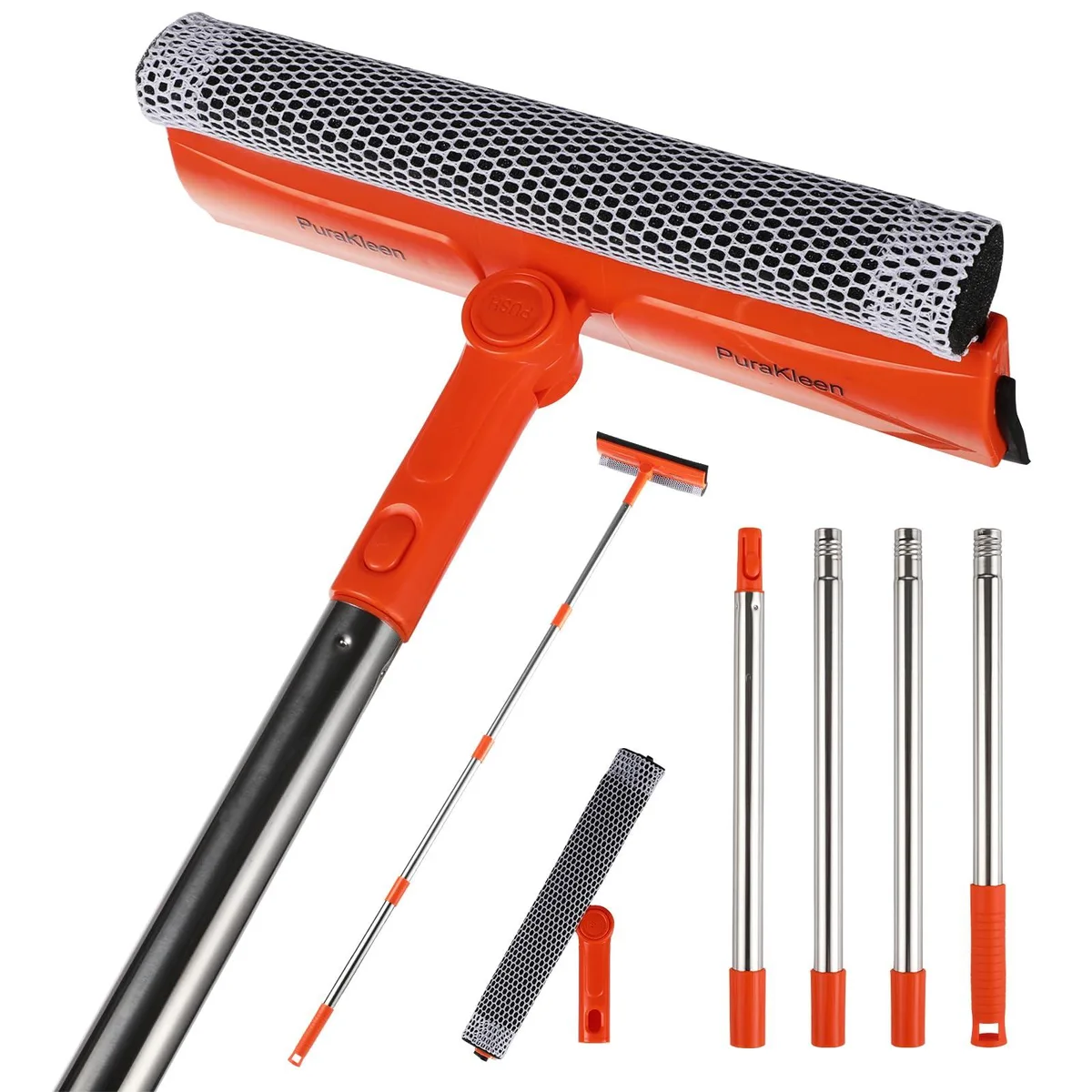 Orange 2-in-1 window squeegee with 62 inch adjustable pole, sponge scrubber and rubber blade