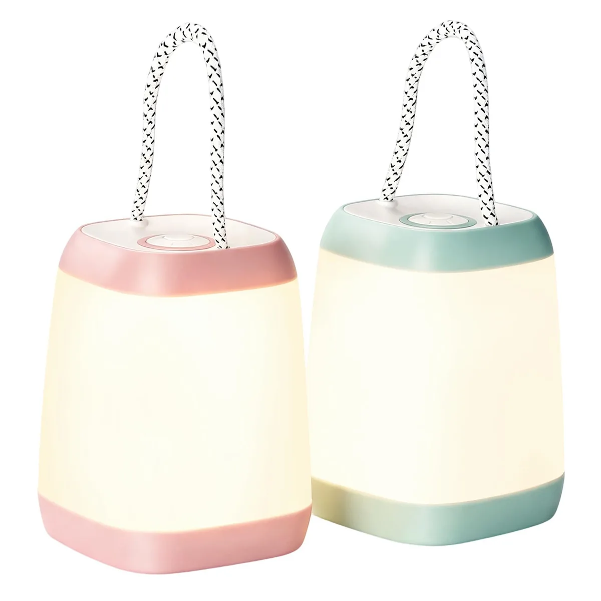 Two white cylindrical lanterns with frosted silicone housings, tabletop design, sold as a pair