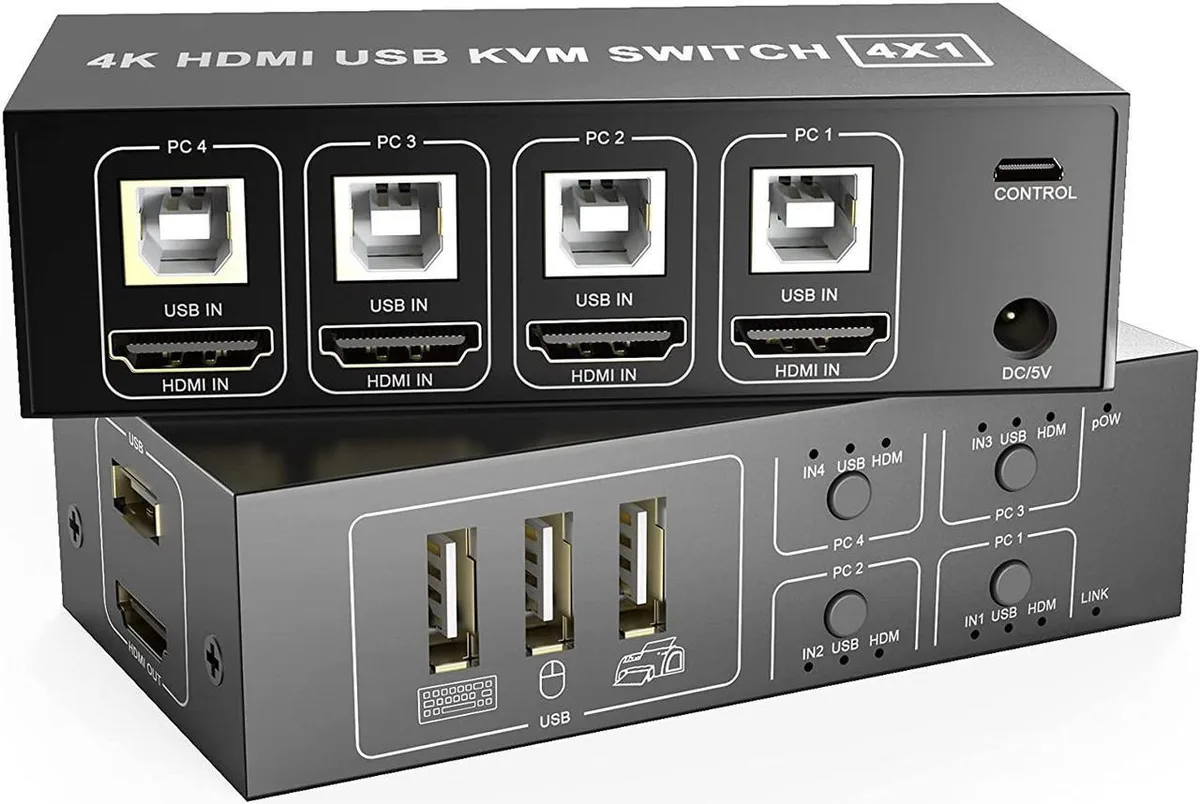 Vszerda Vszerda HDMI KVM Switch 4 Port Box 4K 60Hz USB 2.0 Keyboard Mouse Cables — product photo