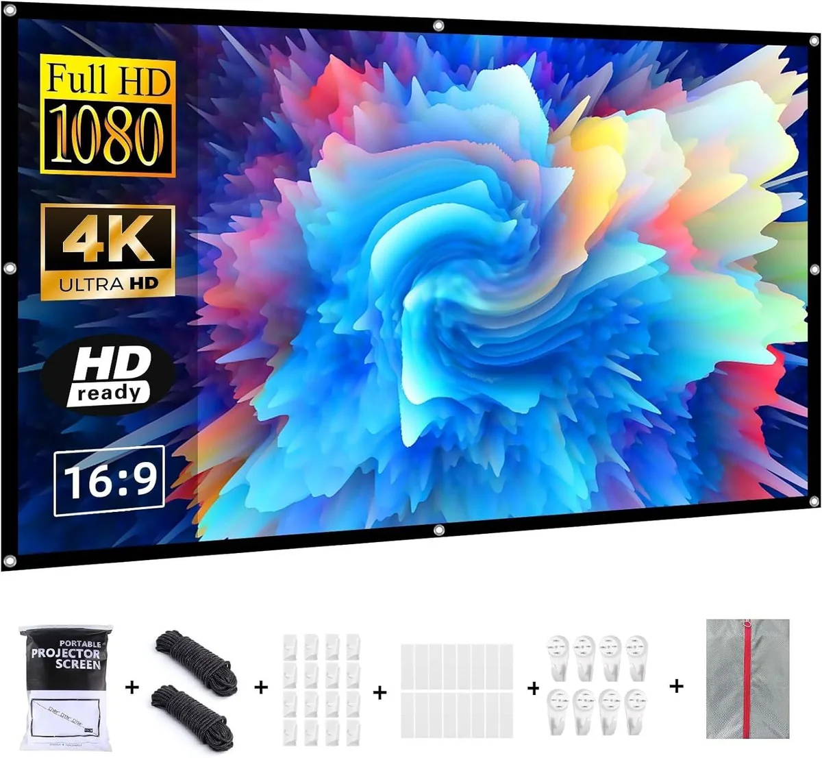White rectangular foldable projector screen with carrying bag and mounting accessories