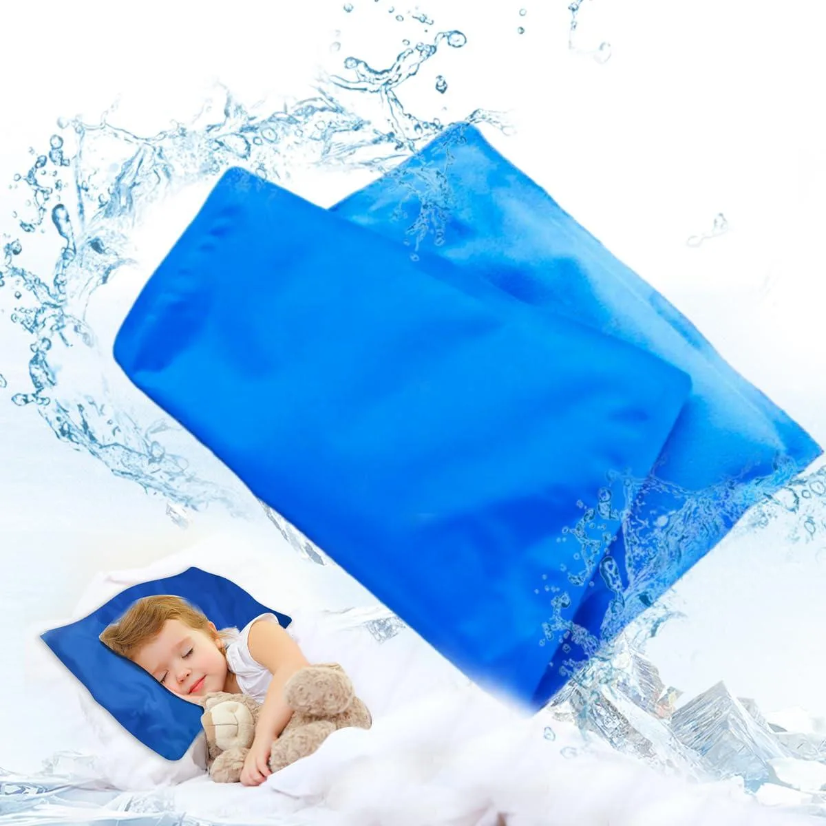 Blue rectangular gel cooling pad, 9.5 by 13 inches, thin and flexible
