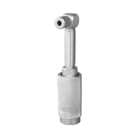 Grey metal 90 degree grease gun adapter with quick disconnect and locking sleeve