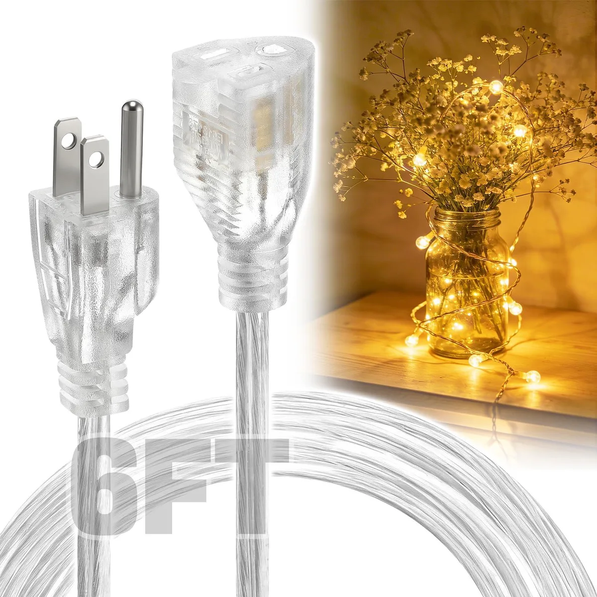  Bigmeta 6ft Clear Extension Cord 3 Prong 18 AWG 250V 6A — product photo