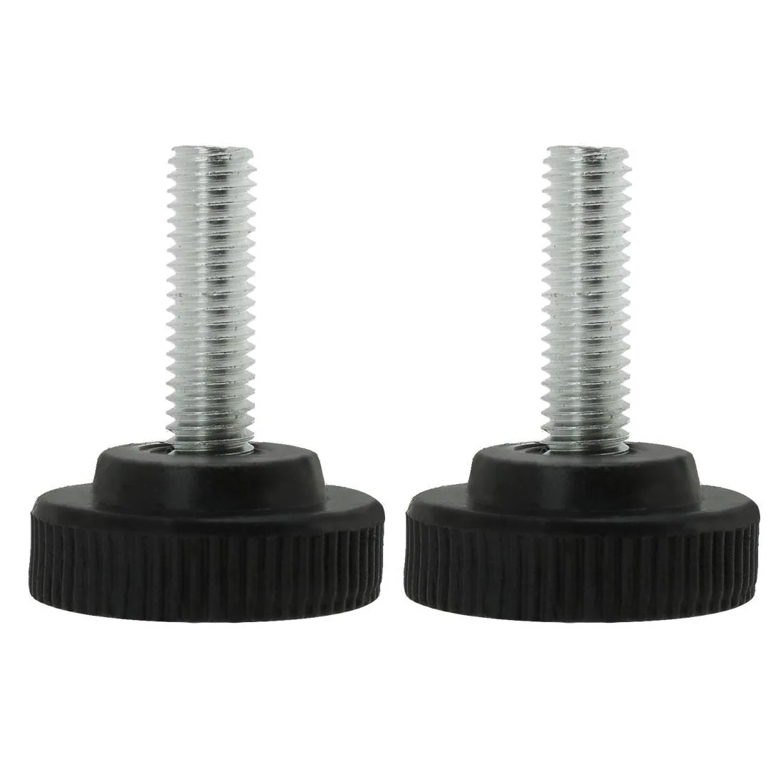Two black and silver adjustable leveling feet with threaded stems and plastic bases