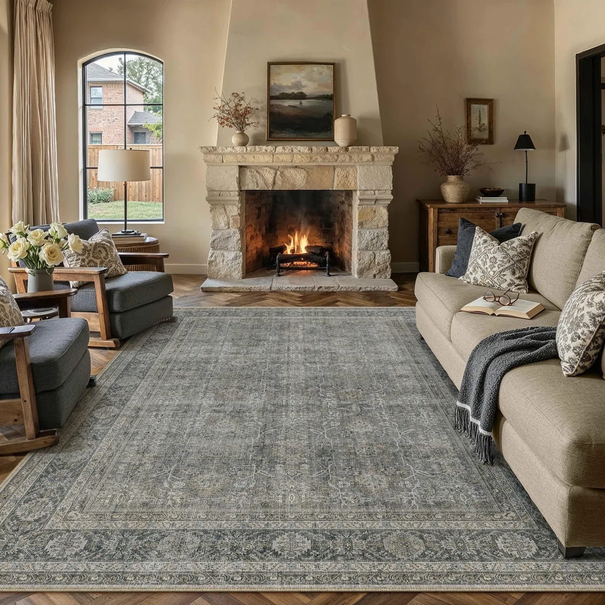 Rectangular runner rug in distressed grey brown polyester, low pile with non-slip backing