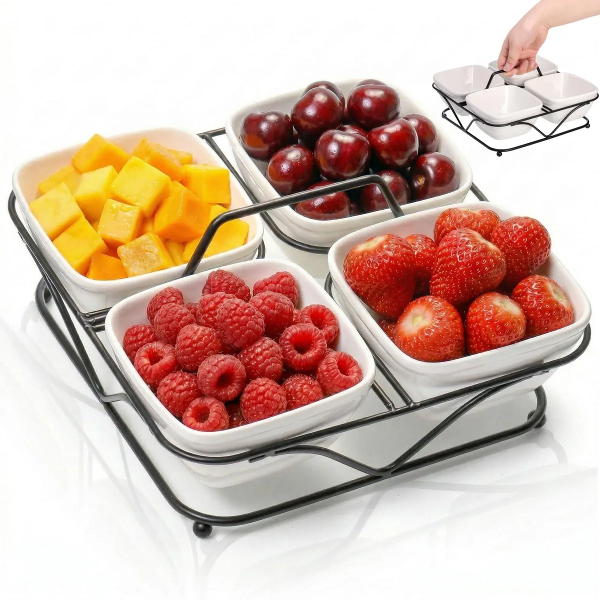 DNBeffulgent DNBeffulgent 4-piece ceramic dip bowl set with metal stand, 9.3 inch, white — product photo